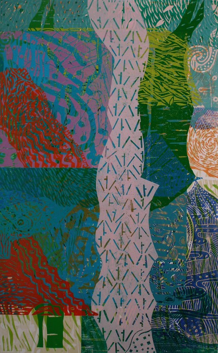 Olaf Dahlhaus- 2012, Hindurch und darüber hinaus, Holzschnitt auf Papier, 152 x 104 cm